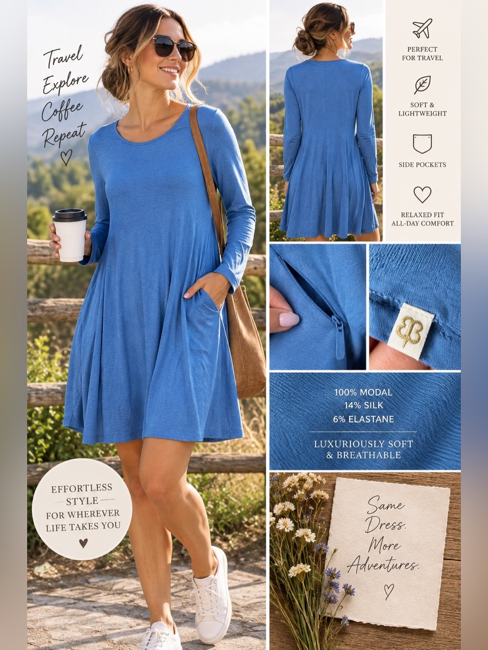 Betabrand Built to Travel Jersey Dress Cornflower Blue Size Large Modal Silk